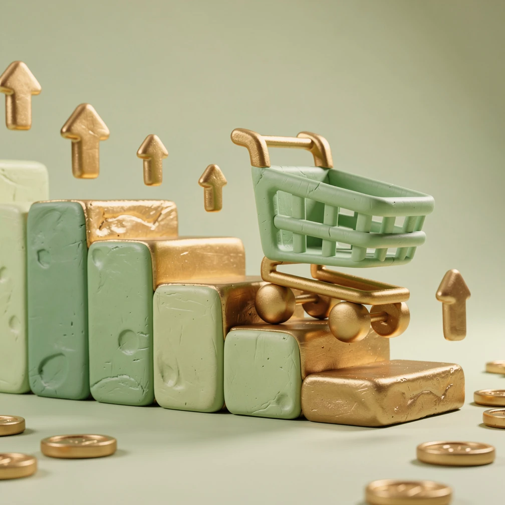 Amazon retail sales growth strategy 2026 concept showing a stylized cart climbing growth stairs in green and gold claymation style