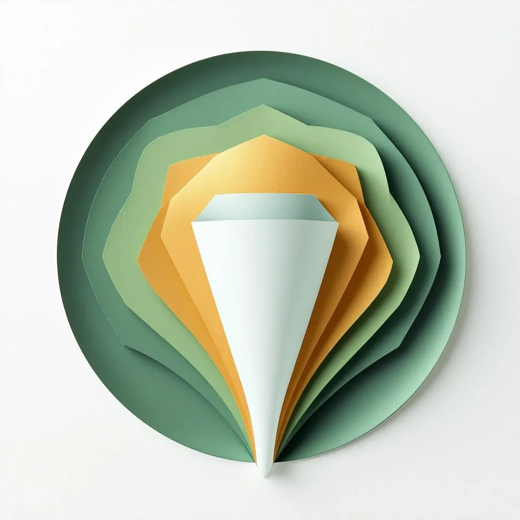 B2B cold outreach strategy concept in paper craft style with green and gold layered funnel shapes