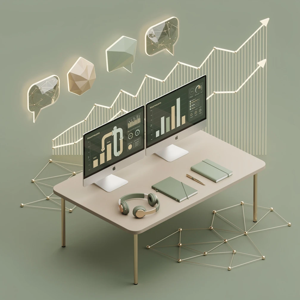 Isometric illustration of a B2B inside sales team workspace with screens, headsets, and pipeline charts