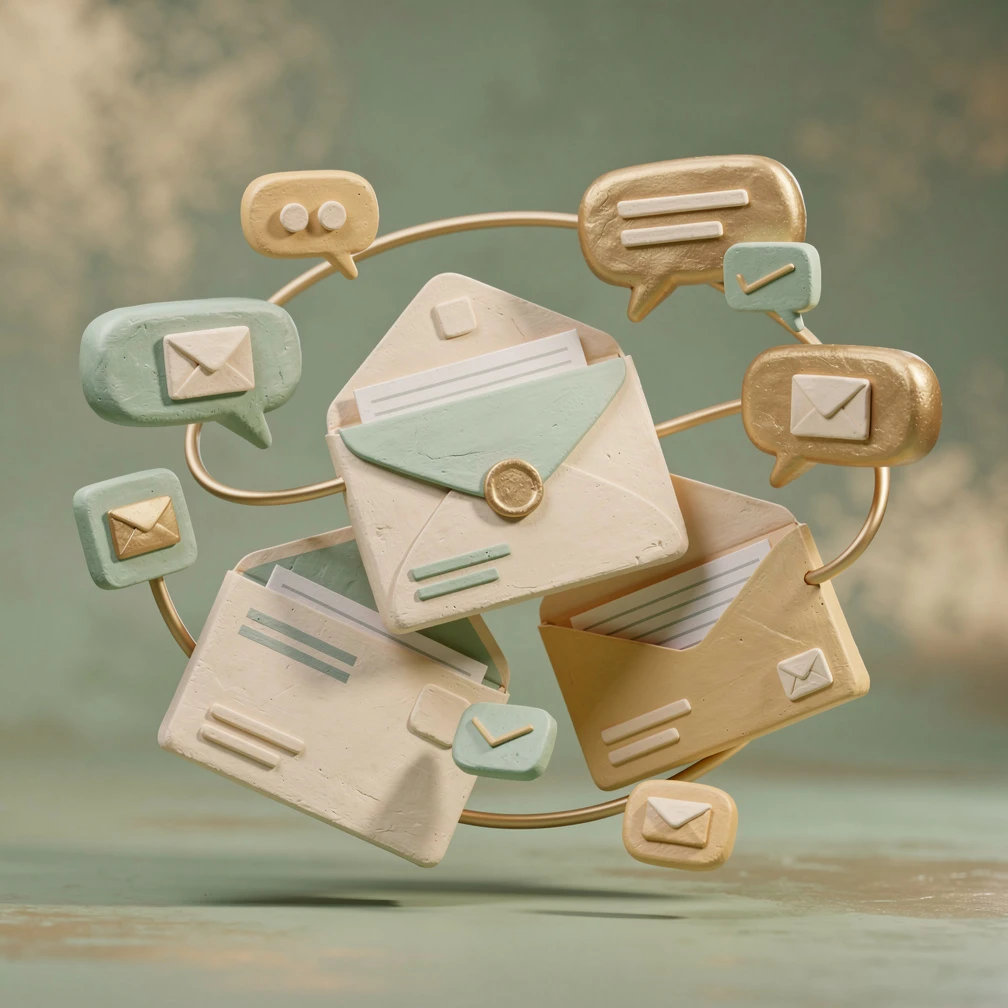 B2B lead generation email templates illustrated in claymation style with green and gold envelopes