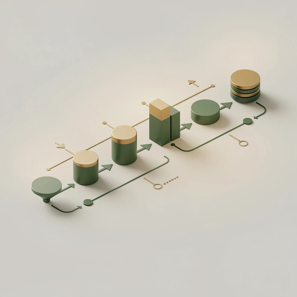 Isometric 3D illustration of B2B sales cycle stages with green and gold pipeline visualization
