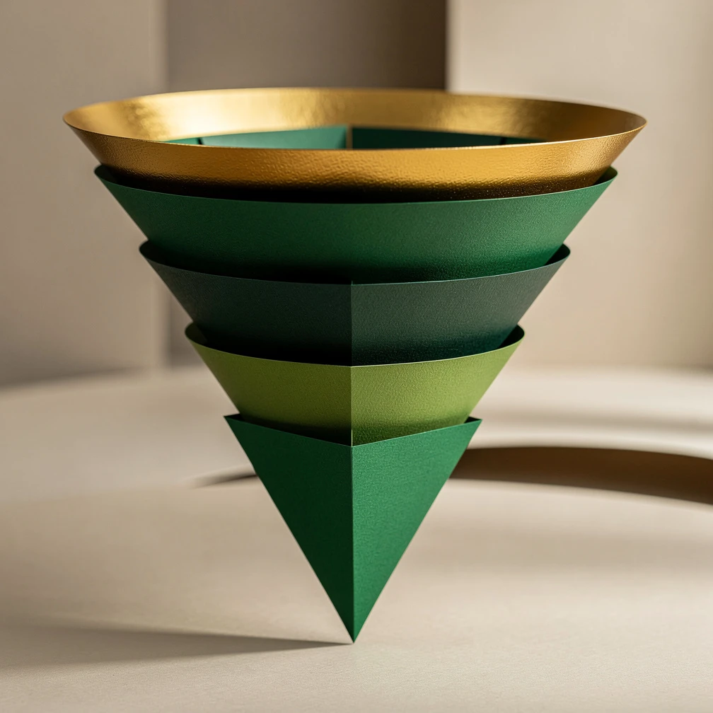 B2B sales funnel represented as layered geometric stages in green and gold paper craft style