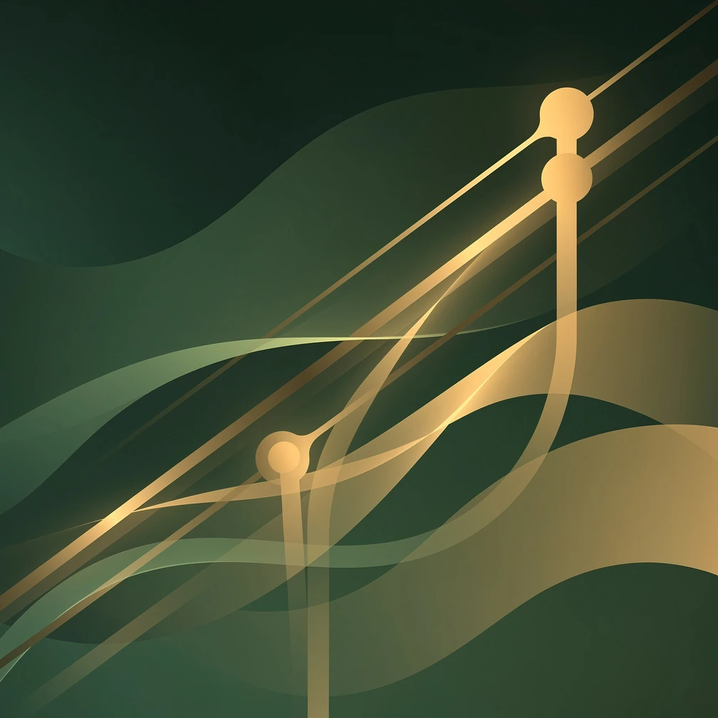 Abstract B2B sales pipeline visualization with flowing green and gold gradient streams