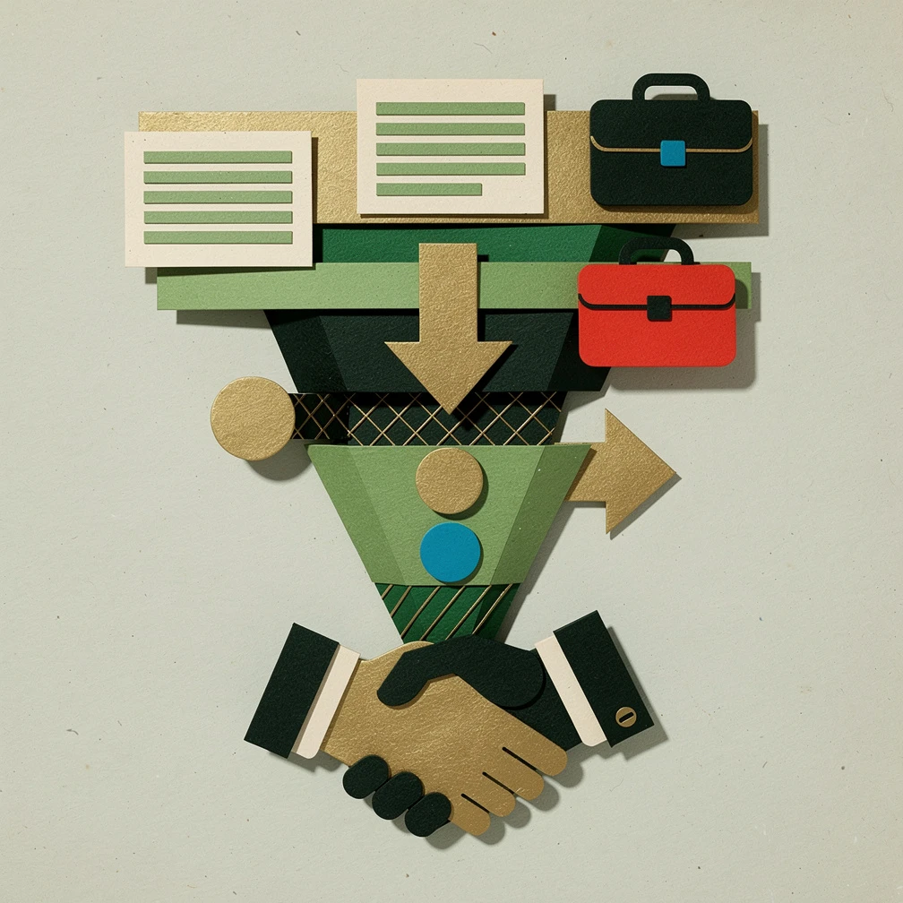 B2B sales process funnel stages illustrated as layered geometric shapes