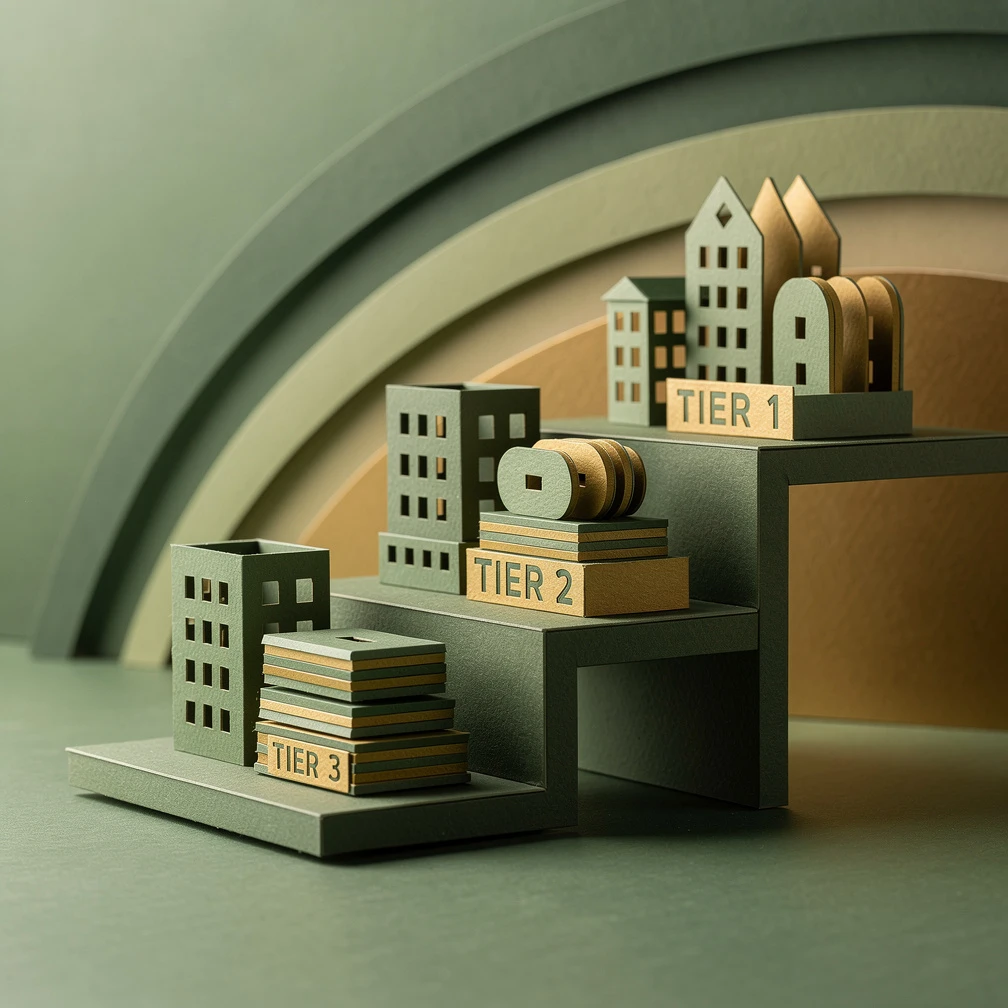 B2B sales reset classification criteria framework with three tiered account groups in green and gold paper craft style
