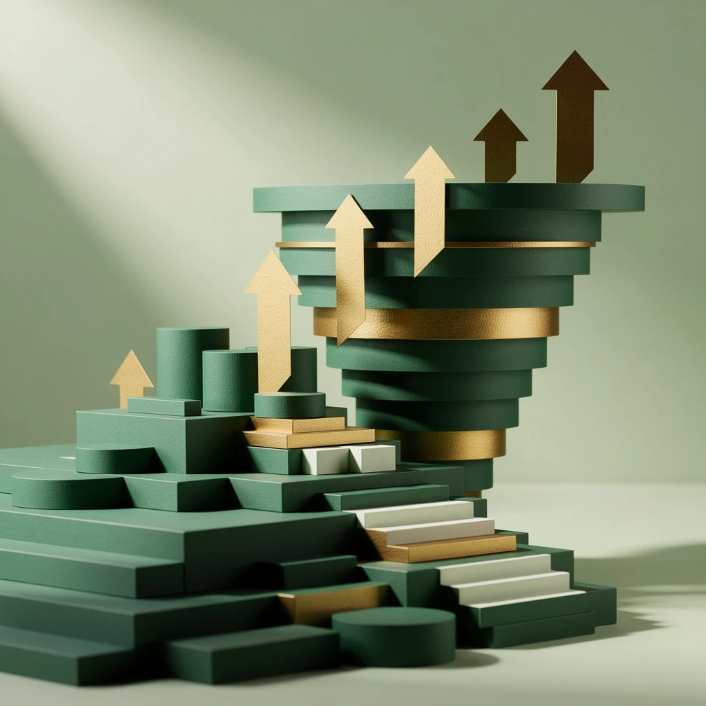 B2B sales strategy layered funnel diagram in green and gold paper craft style