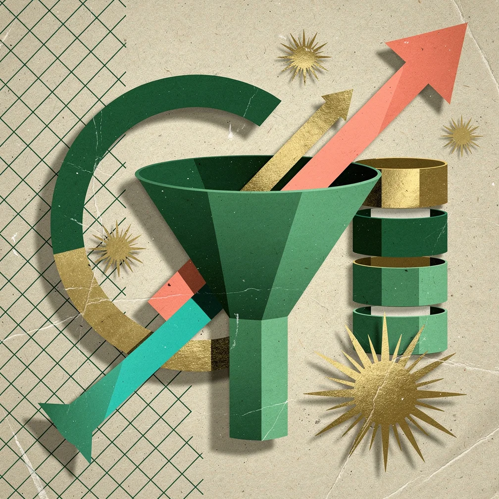 B2B sales techniques illustrated with bold retro collage style in green and gold
