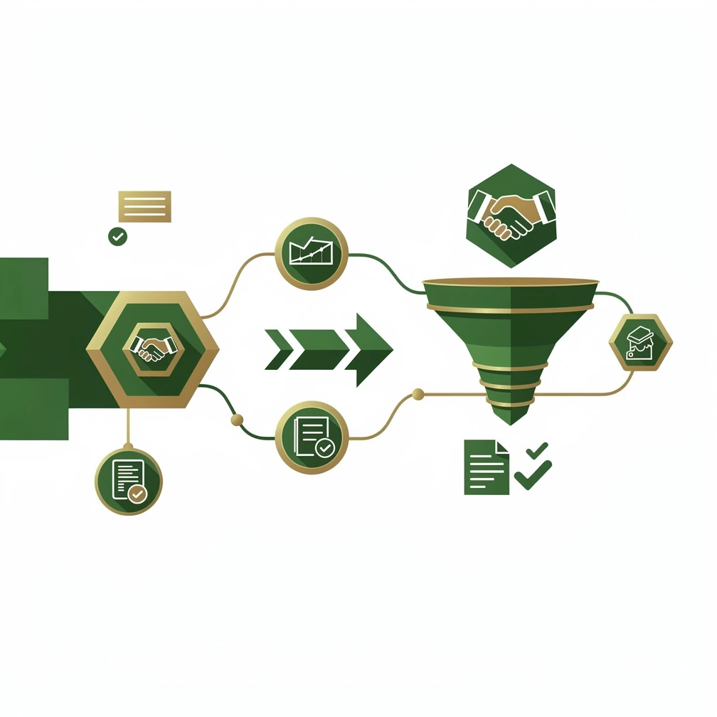Abstract flat illustration of B2B sales pipeline and deal-closing concepts in green and gold