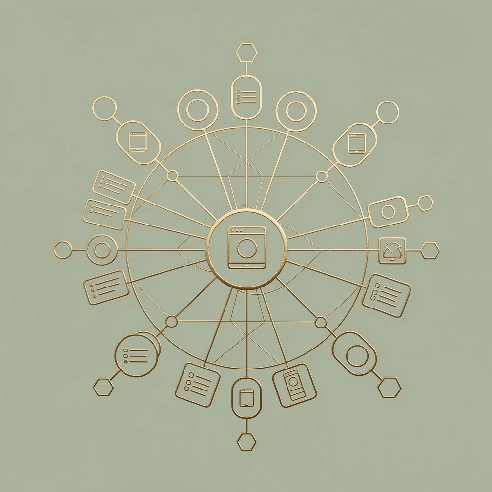 Minimal line art illustration of client management software with interconnected nodes in gold on soft green background