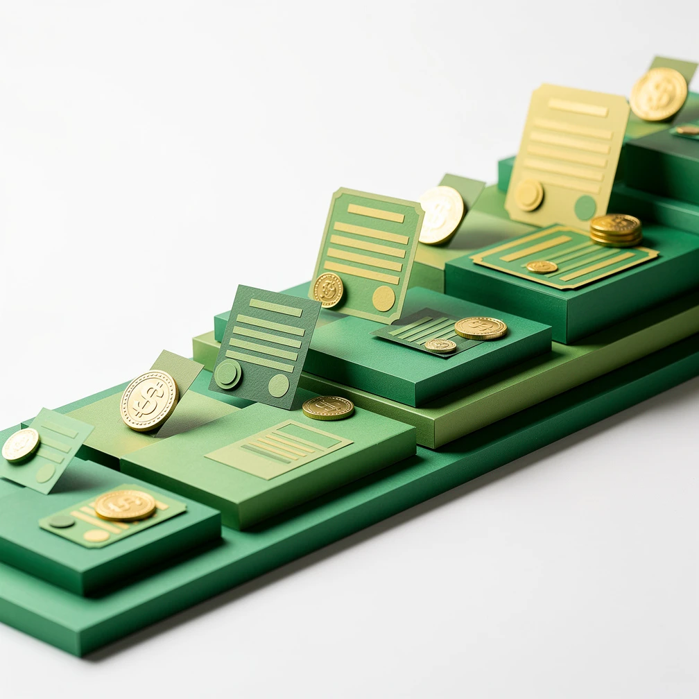 Deal management software pipeline visualization with stages and deal cards in green and gold
