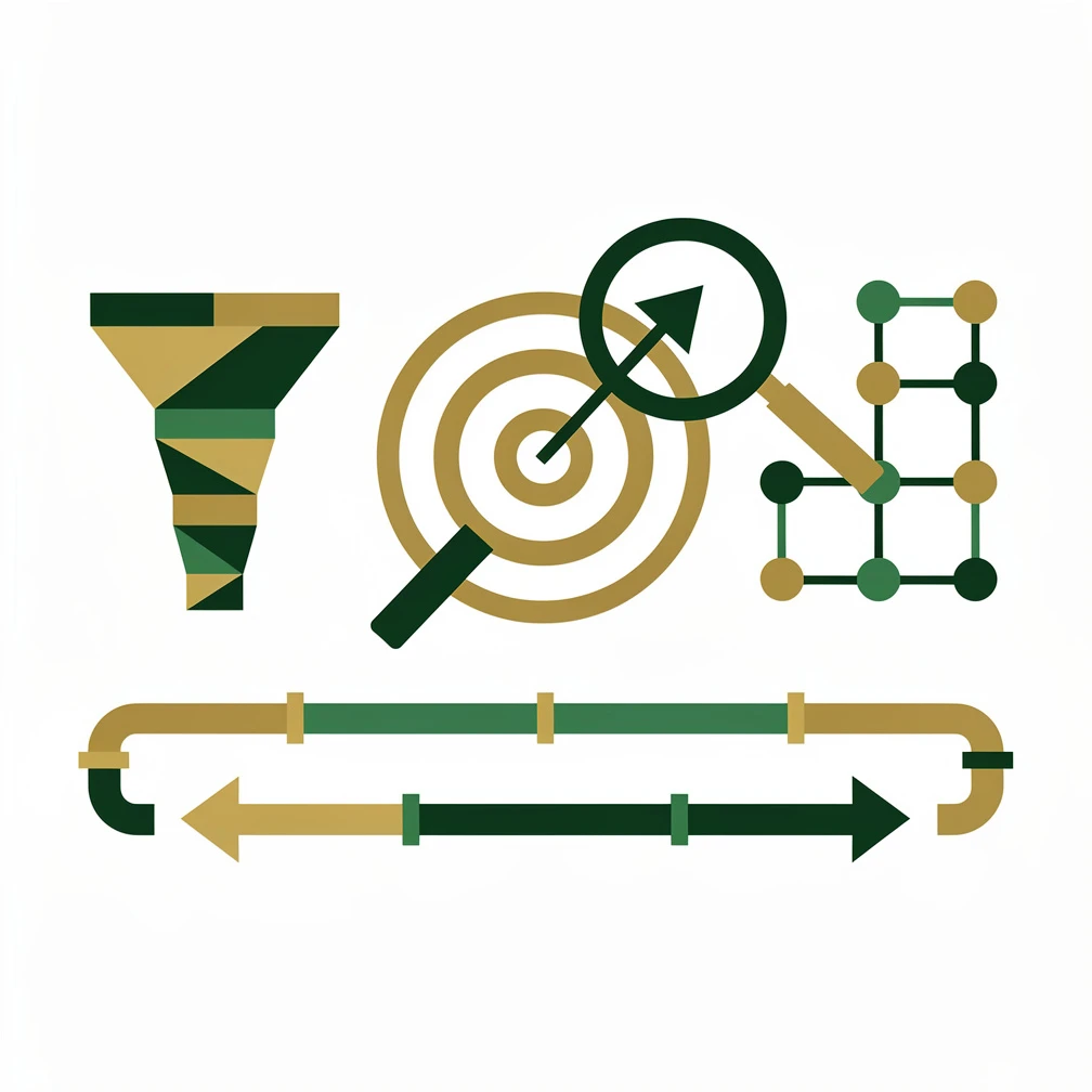 Best lead generation tools for B2B sales teams illustrated with abstract funnel, target, and pipeline icons in green and gold