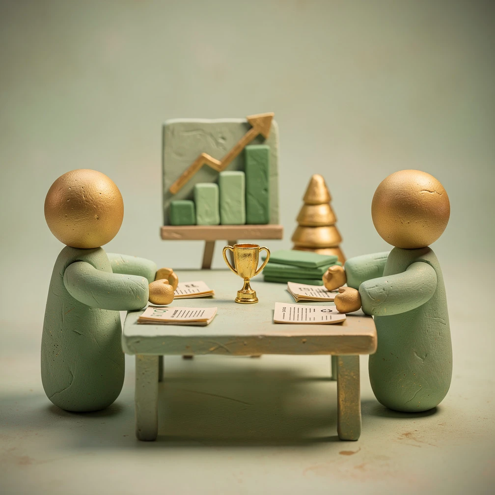 Best sales techniques illustrated as clay figures at a table with growth chart, green and gold tones
