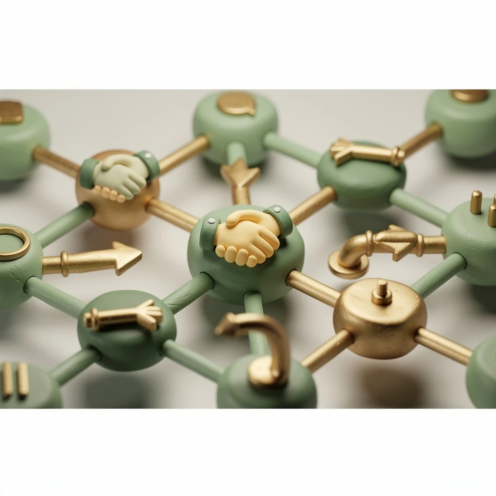 3D claymation workspace showing client relationship network with connected business nodes in green and gold