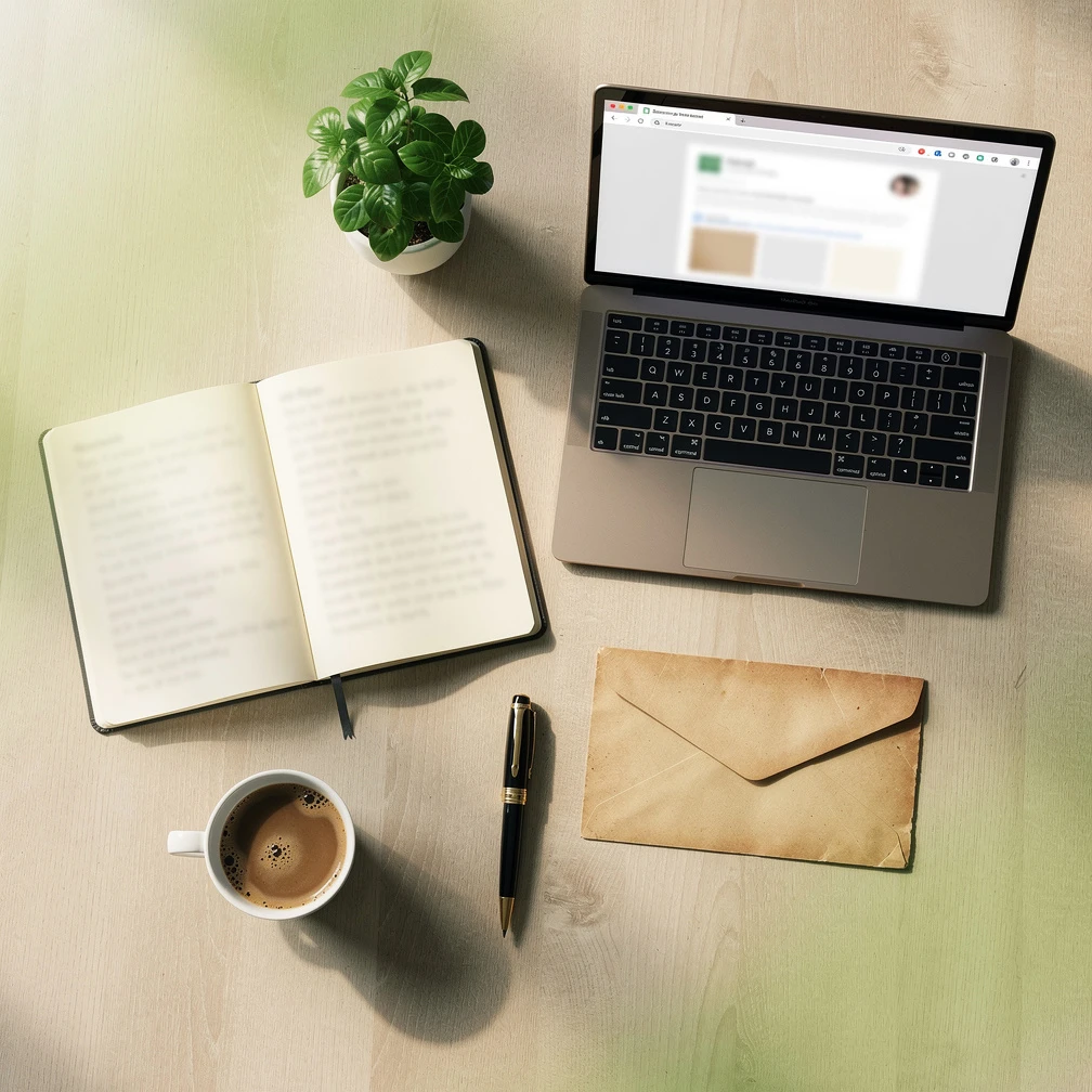 Cold email meaning illustrated with a laptop, notebook, and coffee cup on a desk