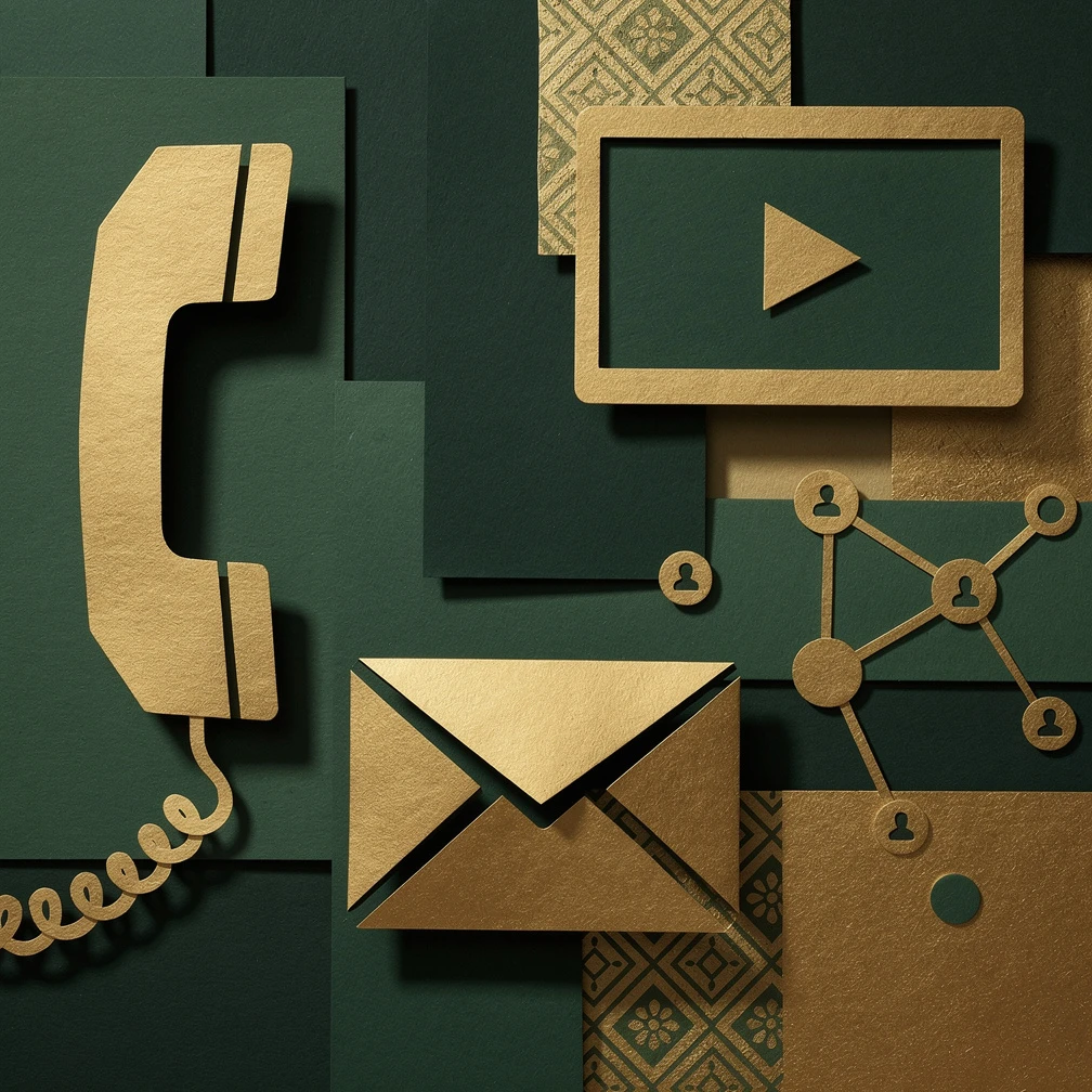 Multichannel cold outreach strategy visualization with phone, email, video and social channels in green and gold retro collage style