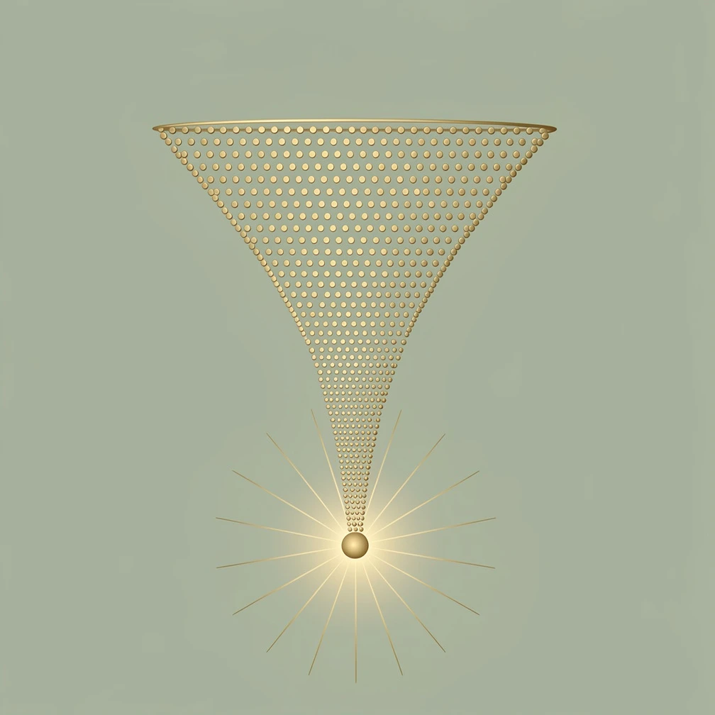 Cold prospecting funnel in gold line art showing many cold leads filtering down to one qualified meeting