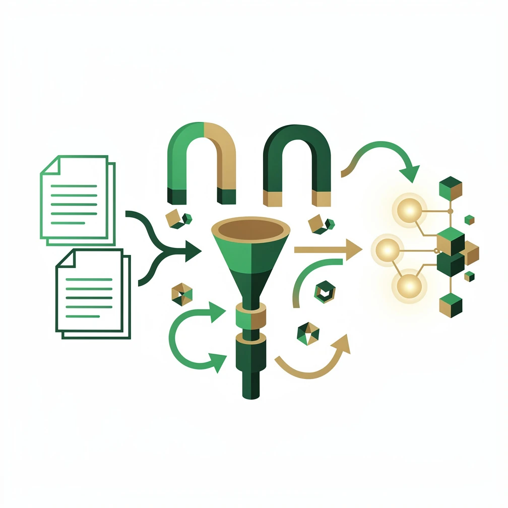 Content marketing lead generation funnel flat illustration in green and gold