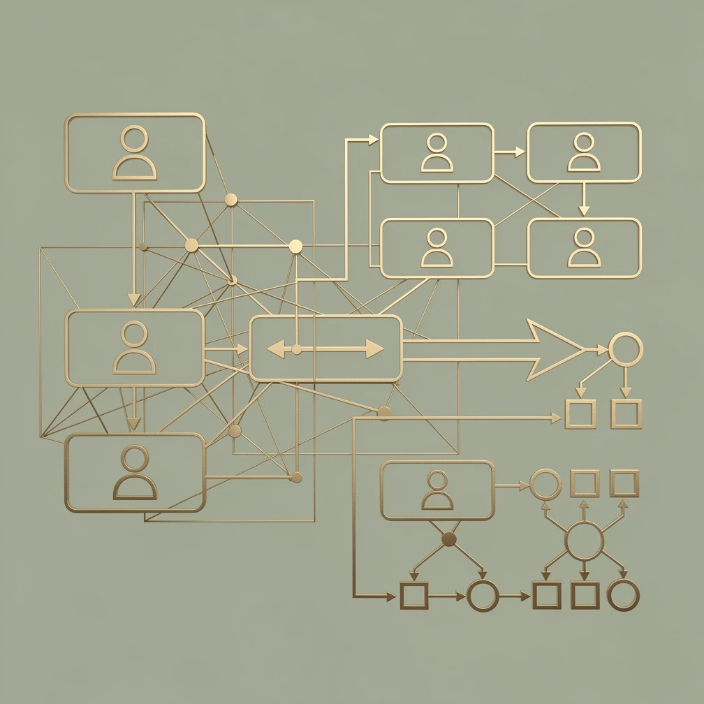 CRM database structure with contact records and pipeline data visualized as minimal line art in gold on green