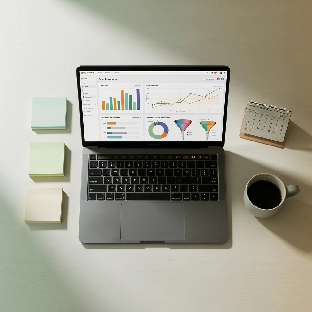 CRM examples dashboard on laptop with sales pipeline data and business notes