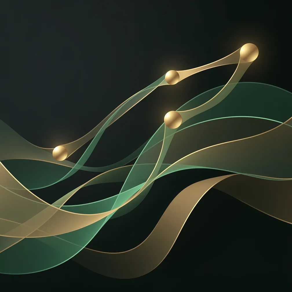 Abstract visualization of CRM implementation phases with interconnected pipeline nodes in green and gold