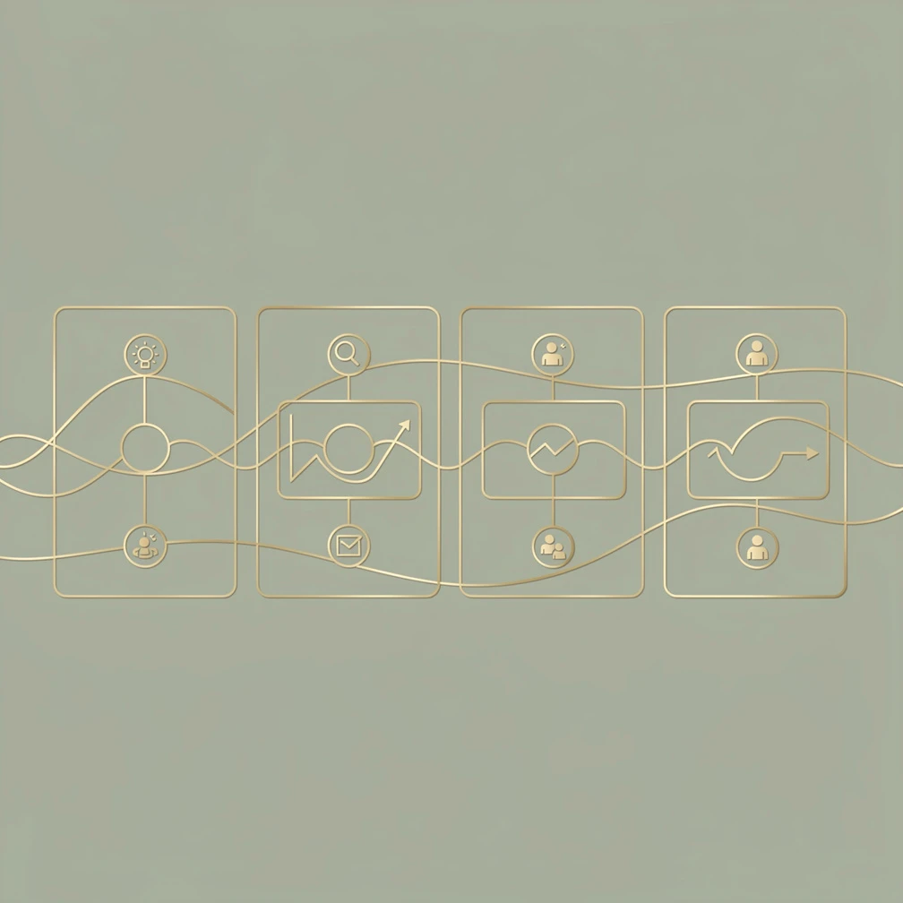 CRM software examples comparison showing pipeline stages and connected customer data nodes in gold line art