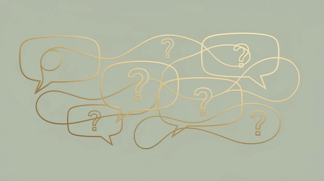 Minimal line art in gold on soft green showing speech bubbles and question marks connected by flowing lines representing a discovery call conversation