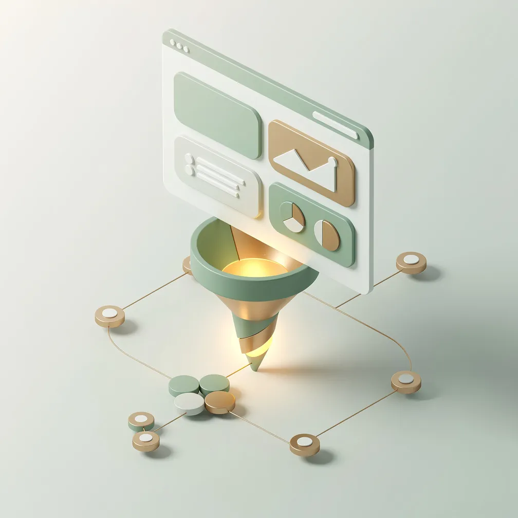 Isometric illustration of a lead generation website with funnel and visitor-to-lead conversion flow in green and gold