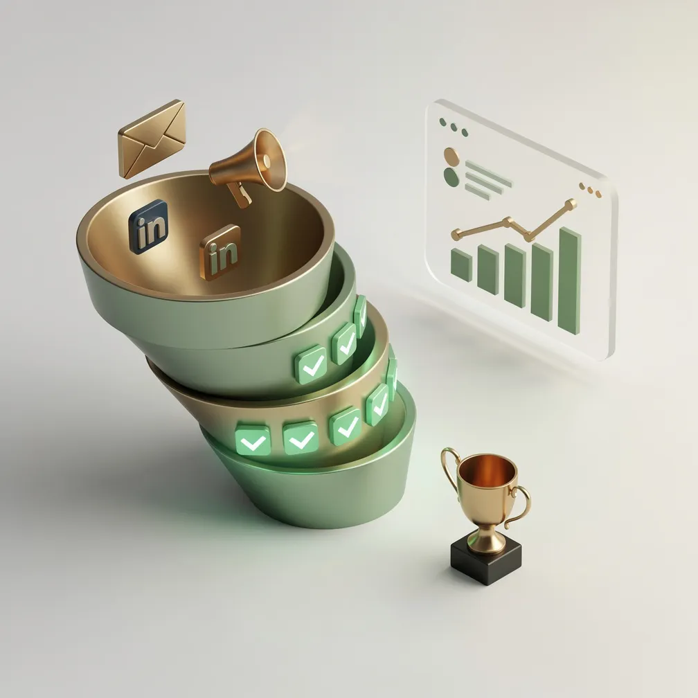 Isometric illustration of a lead generation campaign funnel with multi-channel pipeline