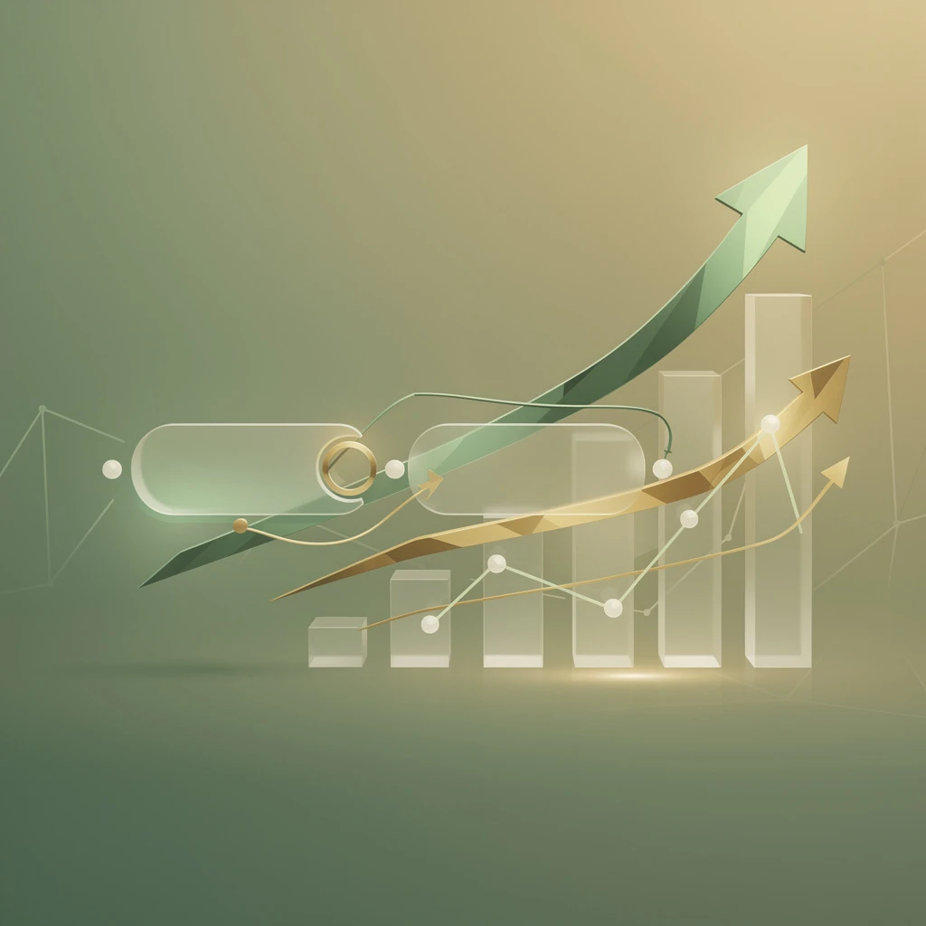 Abstract sales strategy visualization with green and gold gradient, pipeline stages and growth charts