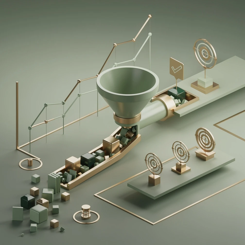Isometric 3D lead generation funnel illustration in green and gold showing B2B pipeline flow