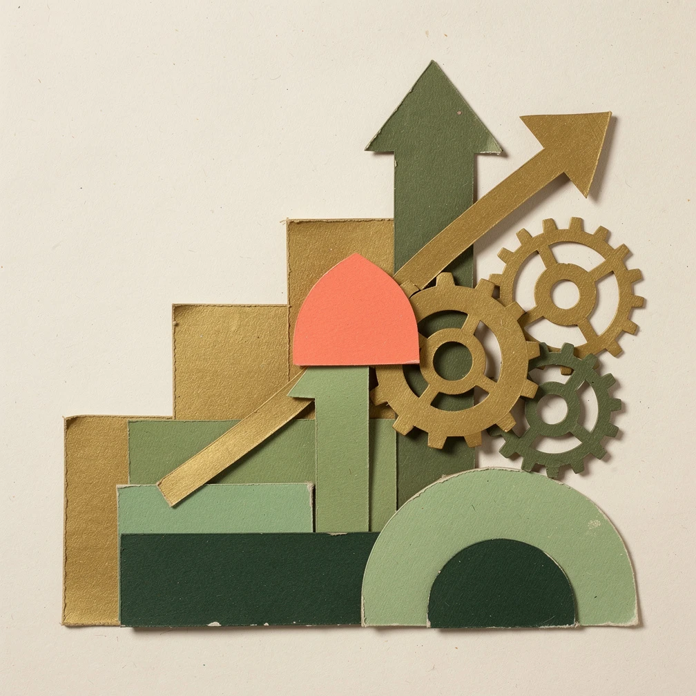 Retro collage illustrating how to improve sales skills with layered shapes representing practice, feedback, and growth