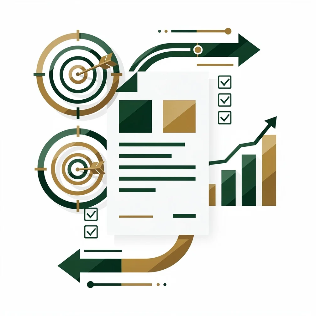 Flat vector illustration of a sales plan with goal targets, revenue charts, and checklists in green and gold