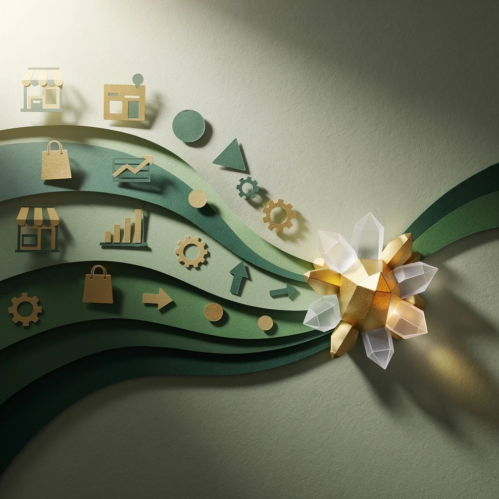 Inbound lead generation funnel concept with magnetic attraction in green and gold paper craft