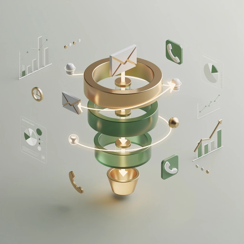 Isometric 3D sales funnel with lead engagement touchpoints in green and gold
