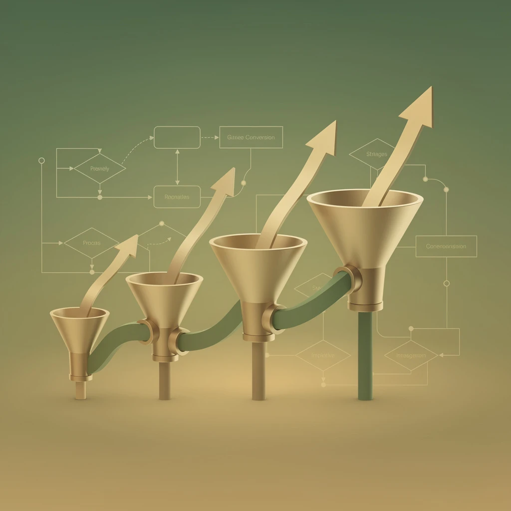 Lead generation techniques visualization with green and gold gradient, pipeline funnel with ascending growth arrows