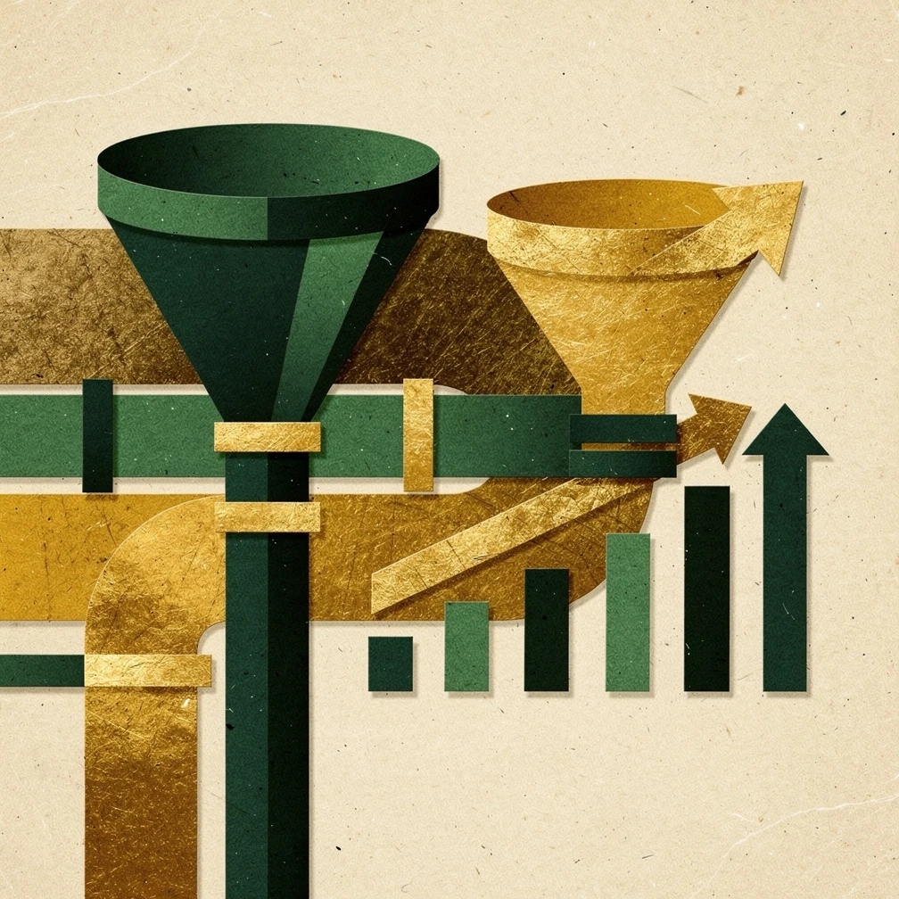 Lead pipeline strategy guide showing sales machine flow with green and gold design