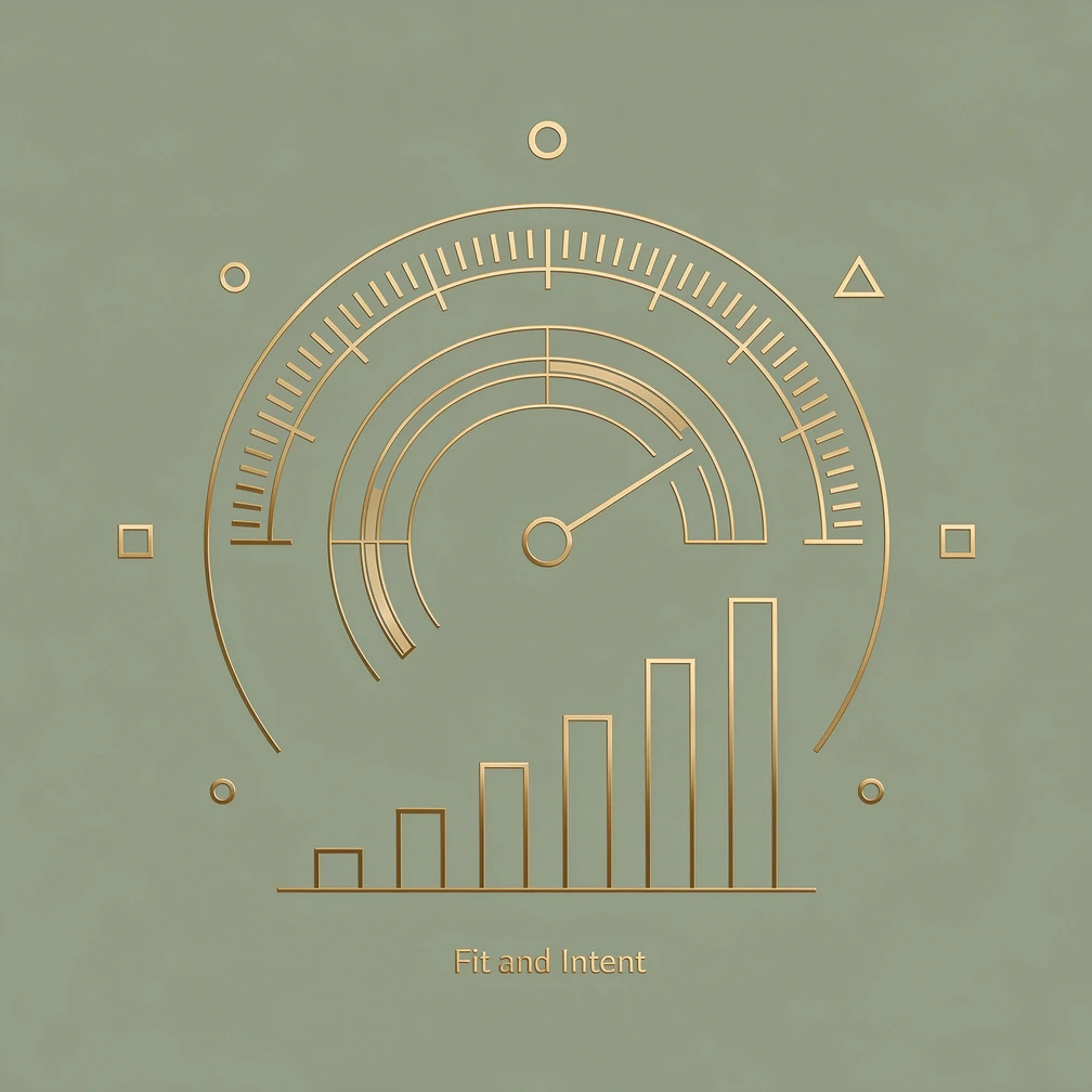 Minimal line art lead scoring model dial with ascending ranking bars