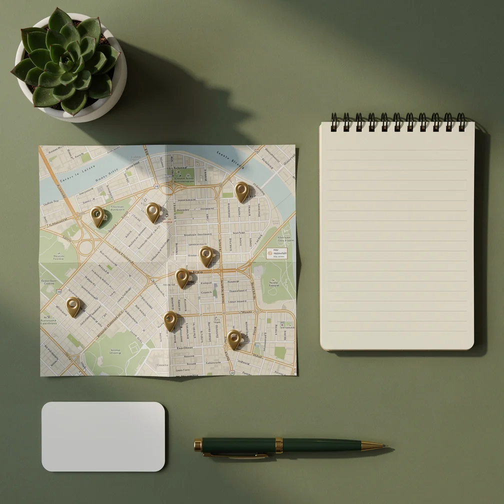 Local lead generation map with pinned prospect locations and a B2B sales pipeline notebook in green and gold tones
