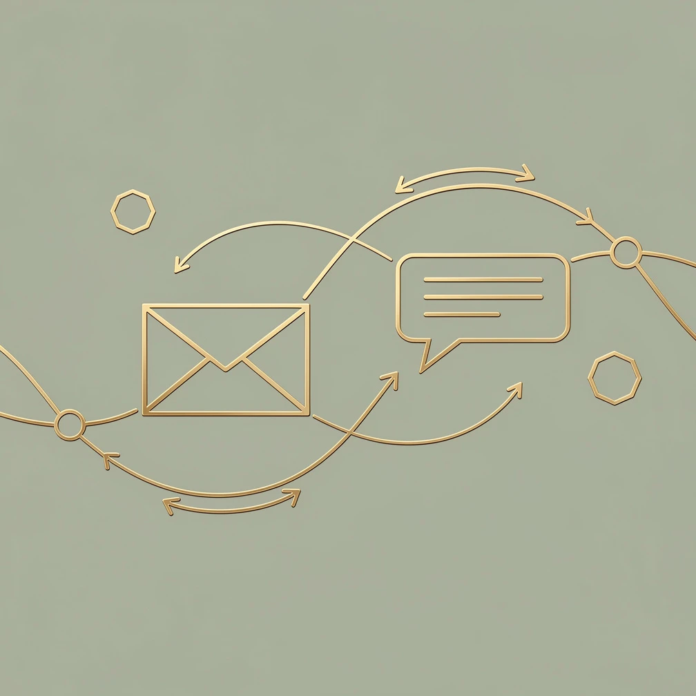 Outreach email guide — minimal line art showing email outreach flow in gold on green