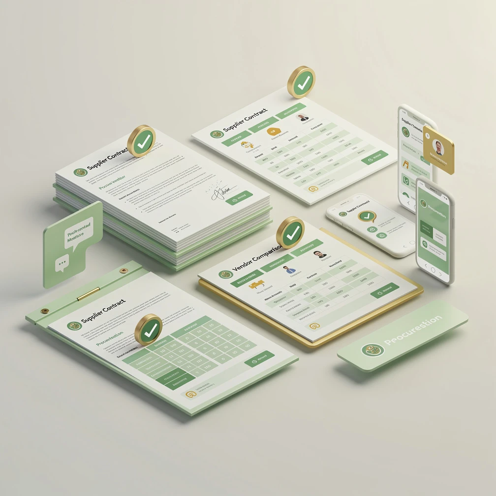 Isometric 3D illustration of procurement outreach strategy with green and gold business elements