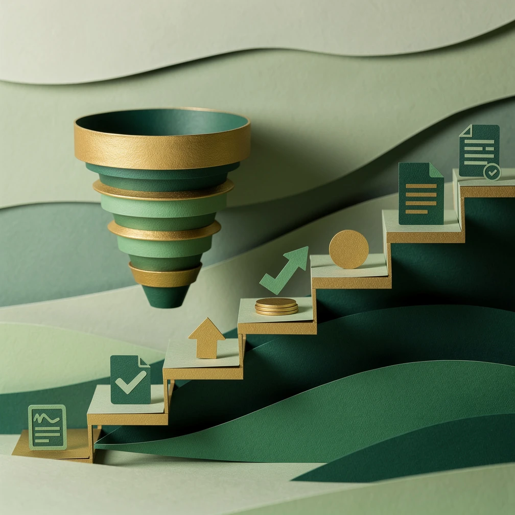 Paper craft sales best practices funnel and pipeline concept in layered green and gold tones