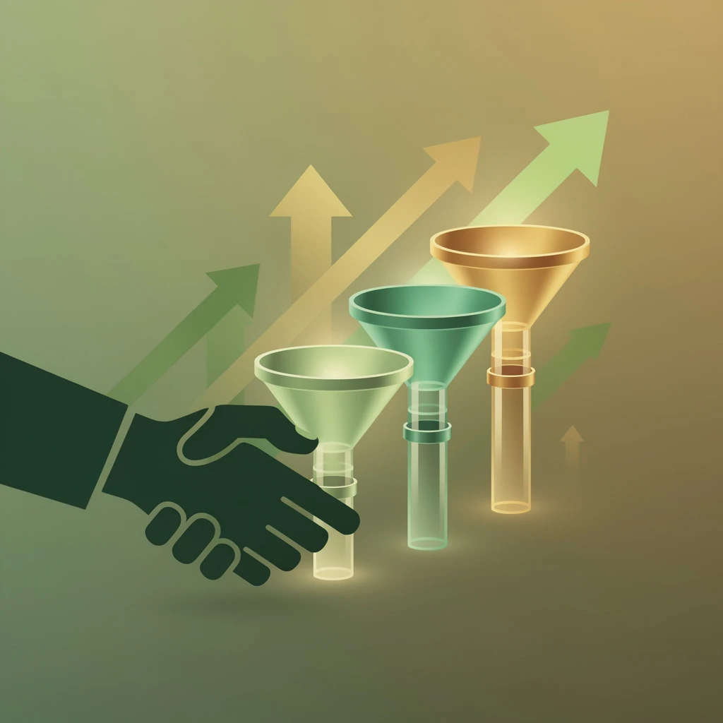 Sales closing techniques visualization with green and gold gradient, ascending deal stages and handshake silhouette