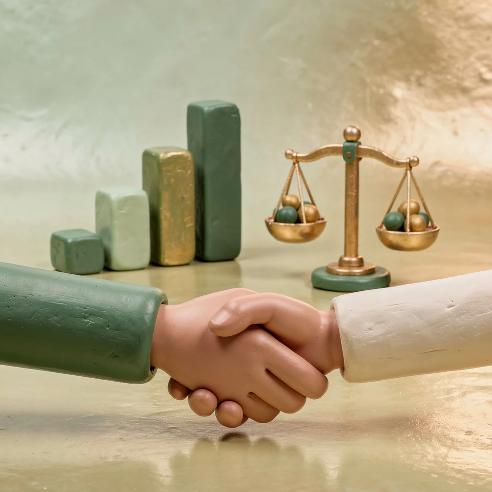 Sales negotiation techniques illustrated with balanced scales and deal-closing symbols in green and gold