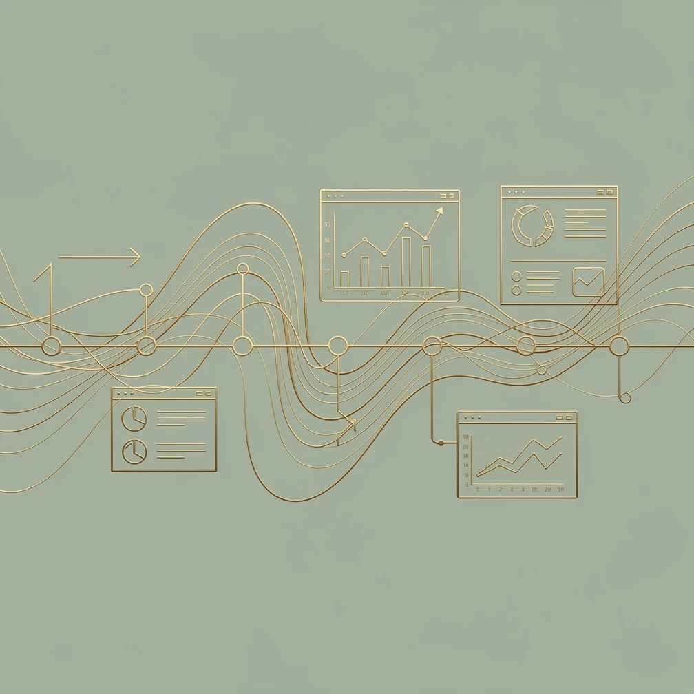 Minimal line art gold chart and pipeline visualization on soft green background for sales reporting