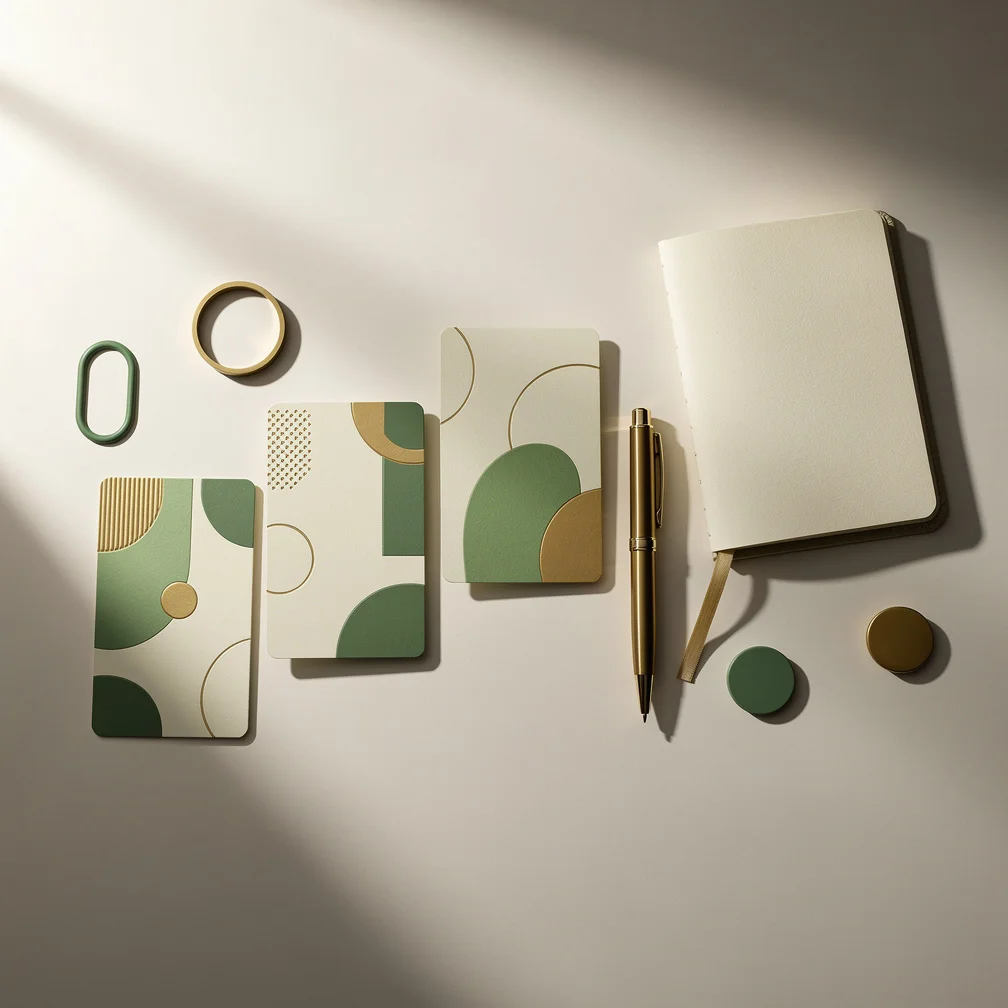 Sales pipeline stages shown as sequential steps in a top-down flat lay with green and gold business objects