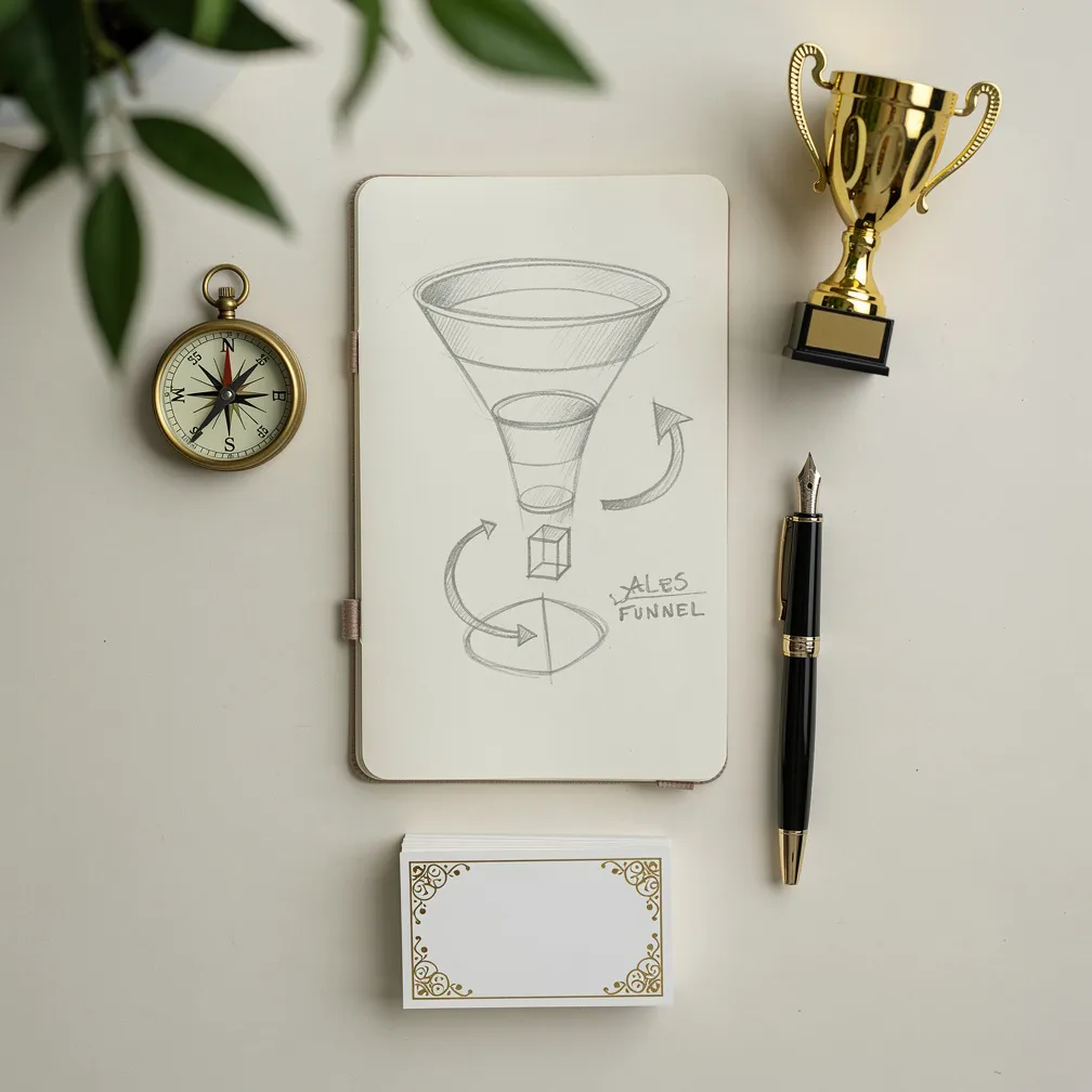 Top-down flat lay of sales prospecting tools including notebook with funnel sketch, compass, and gold trophy on a green-toned surface