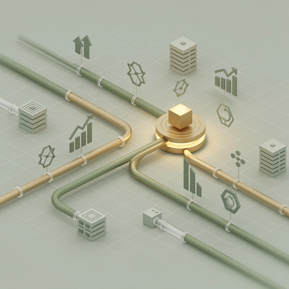 Isometric 3D illustration of seven interconnected B2B sales strategy pathways in green and gold tones