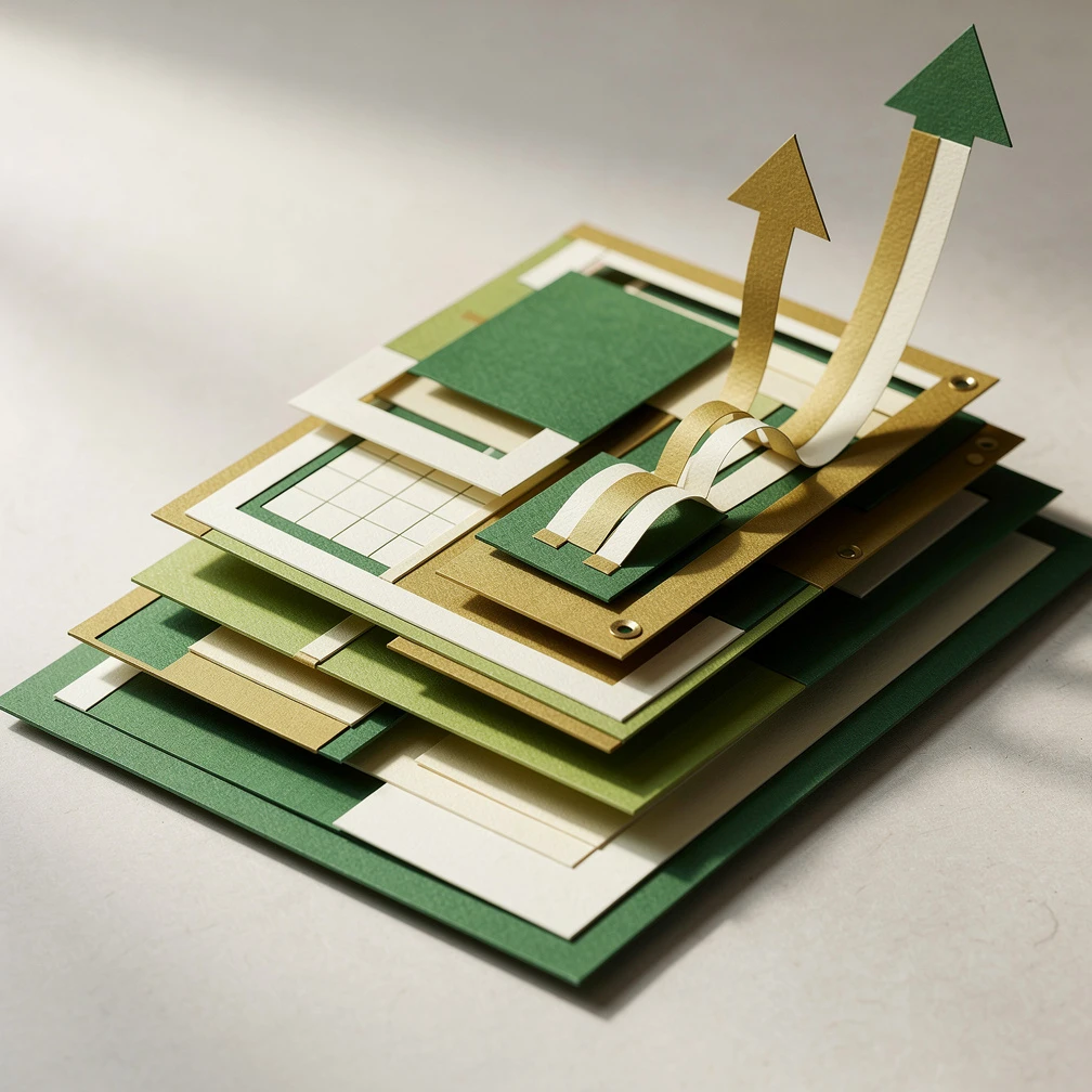 Sales strategy template framework with layered planning sections and growth arrows in green and gold