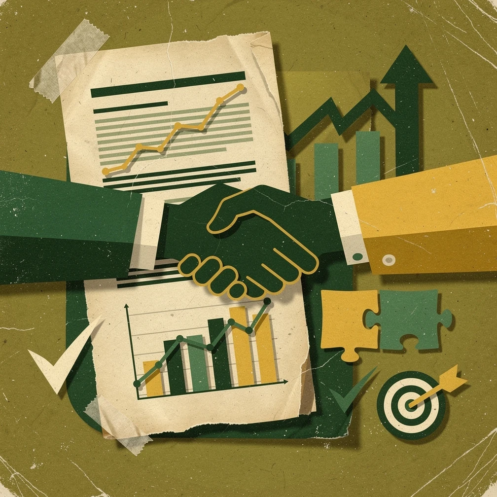 Retro collage of sales tactics and deal-closing strategy elements in green and gold tones