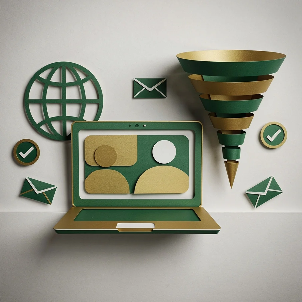Paper craft illustration of online sales pipeline with laptop, digital funnel, and globe in green and gold tones